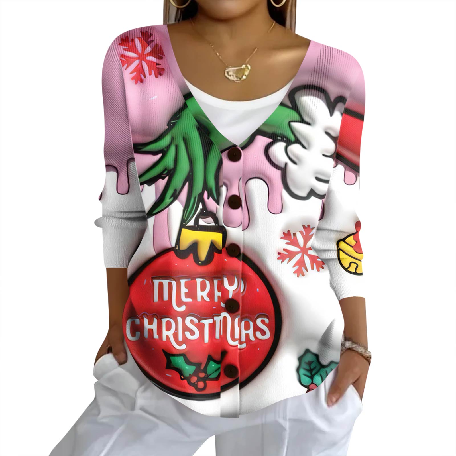 

Женский модный повседневный вязаный свитер на пуговицах, кардиган-жакет с рождественским принтом XL арбуз красный