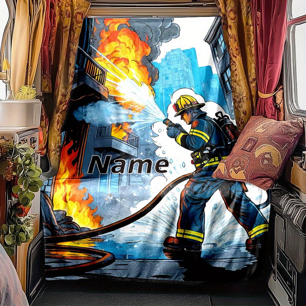 Firefighter Flames Blanket With Customizable Name Four Seasons Comfortable Shawl Blanket Suitable For Home Travel Camping Office Decoration Perfect