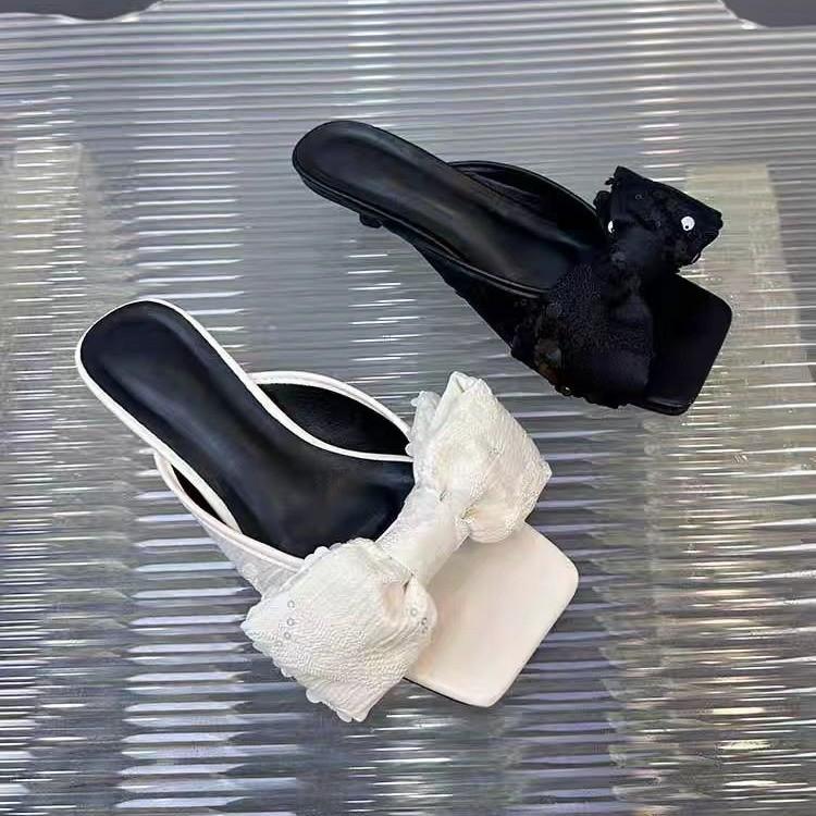 Fashion New Chinese Style Printed Bow, Square Head, Thin Heel, Middle Heel, Cool Drag High Heels