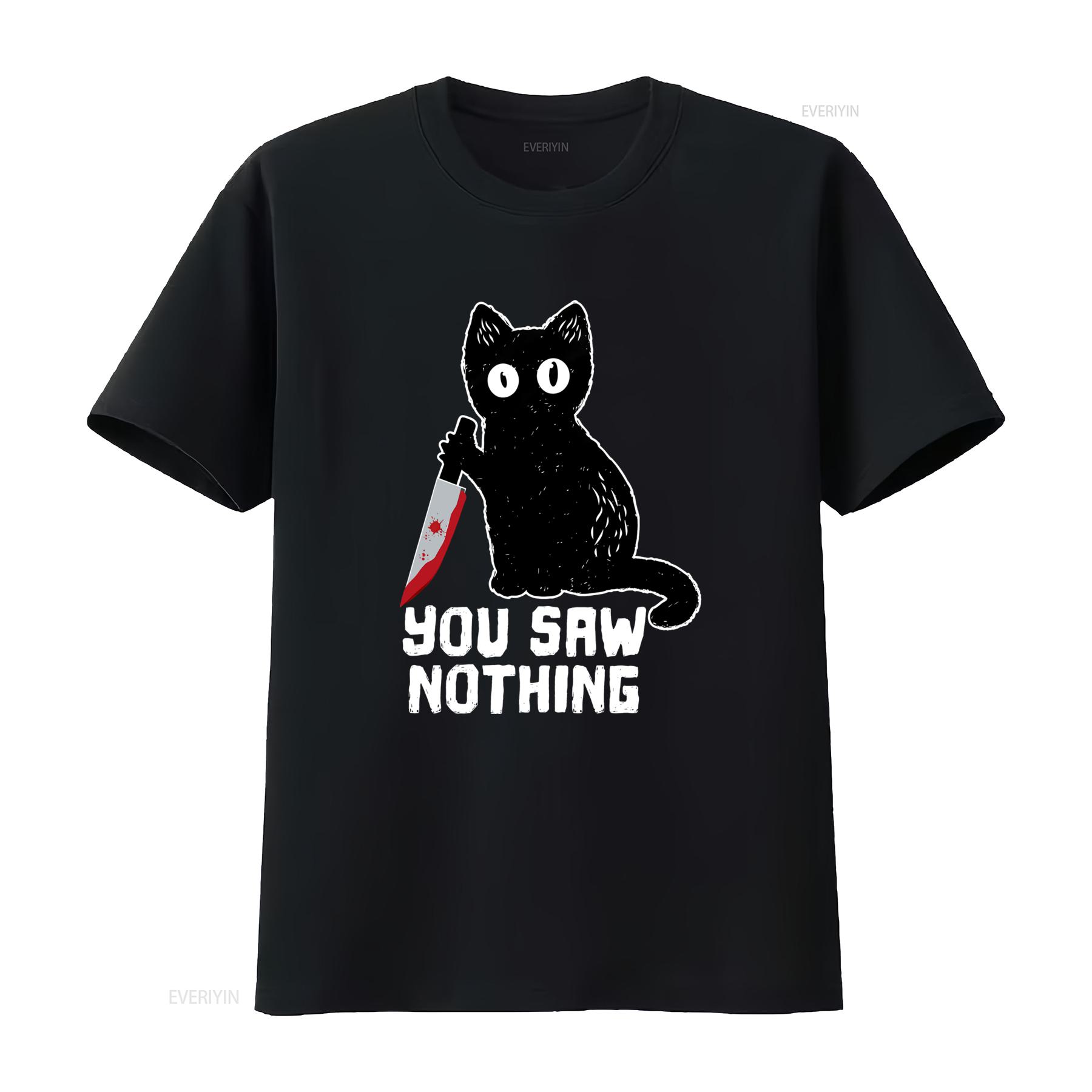

Mens Halloween Funny Cat T Shirt with Bloody Knife You Saw Nothing vintage Washed Top For Everyday Wear Comfortable graphic 4XL