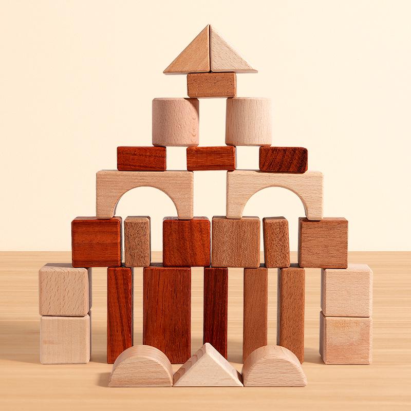Large Raw Wood Building Blocks for Early Education and Cognitive Development - Red Sandalwood & Beech - Ideal for Kindergarten