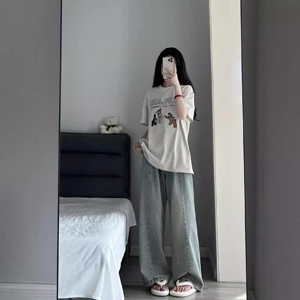 High-Waist Retro Drape Jeans for Women - Petite Loose Straight Wide-Leg Pants, Perfect for Spring & Autumn.