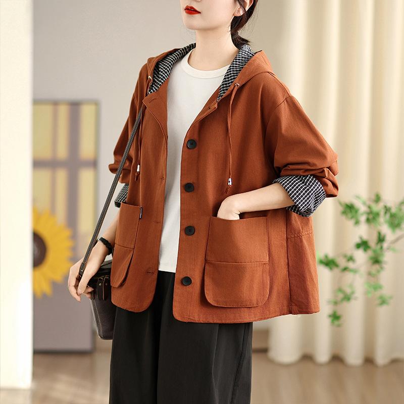 Women Plaid Patchwork Hooded Casual Loose Long Sleeve Windbreaker Coat M