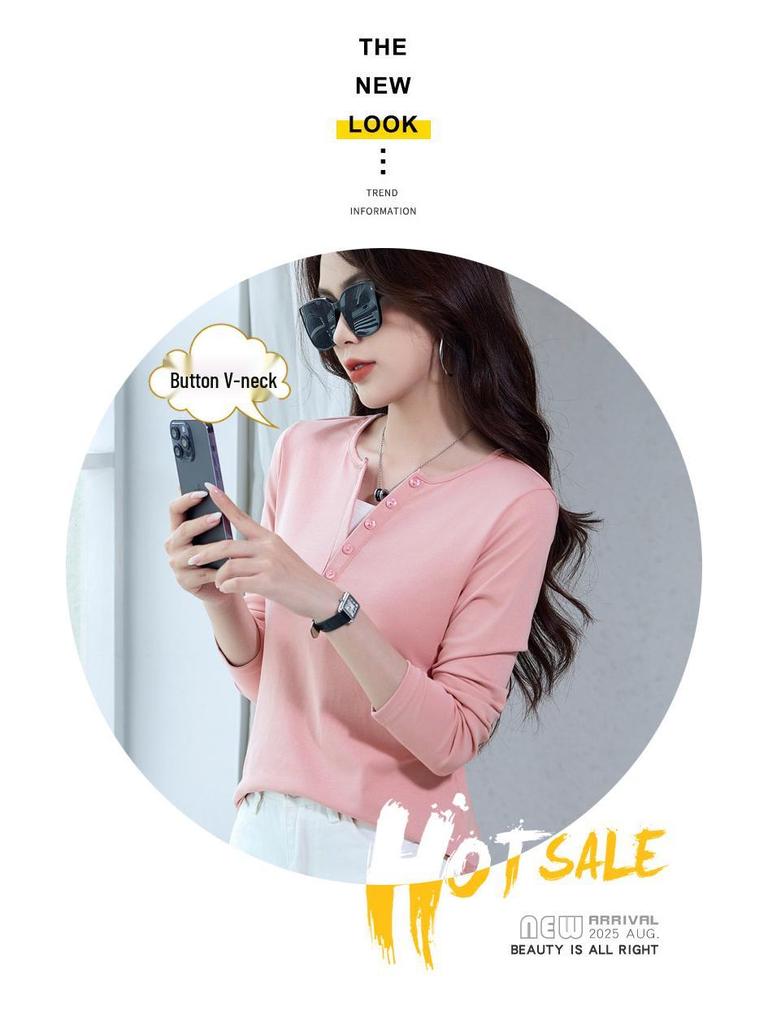 Korean Style Slim Fit V-neck Color Block Patchwork Long Sleeve T-shirt - Cotton Base Layer