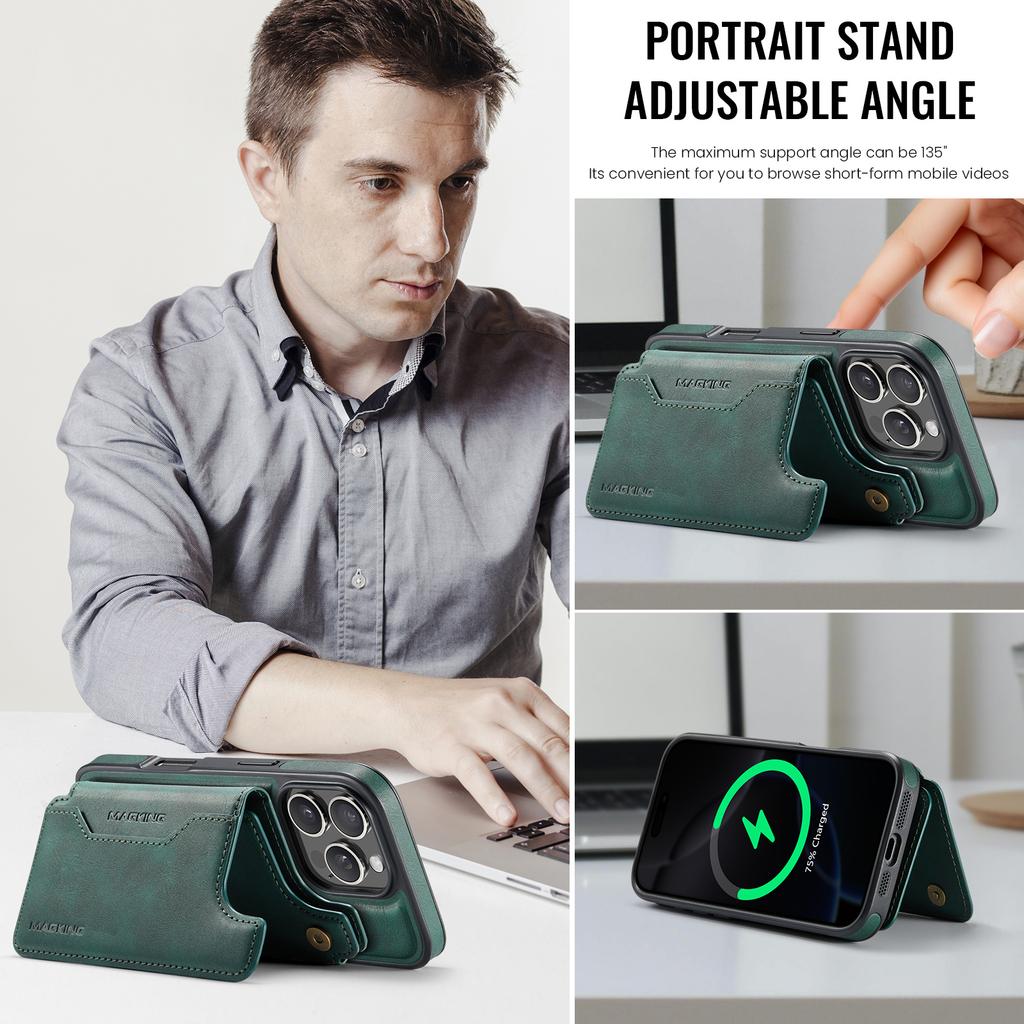 MAGKING K3 Series For iPhone 16 Pro Max Case Compatible with MagSafe Wallet PC+TPU+PU Phone Cover