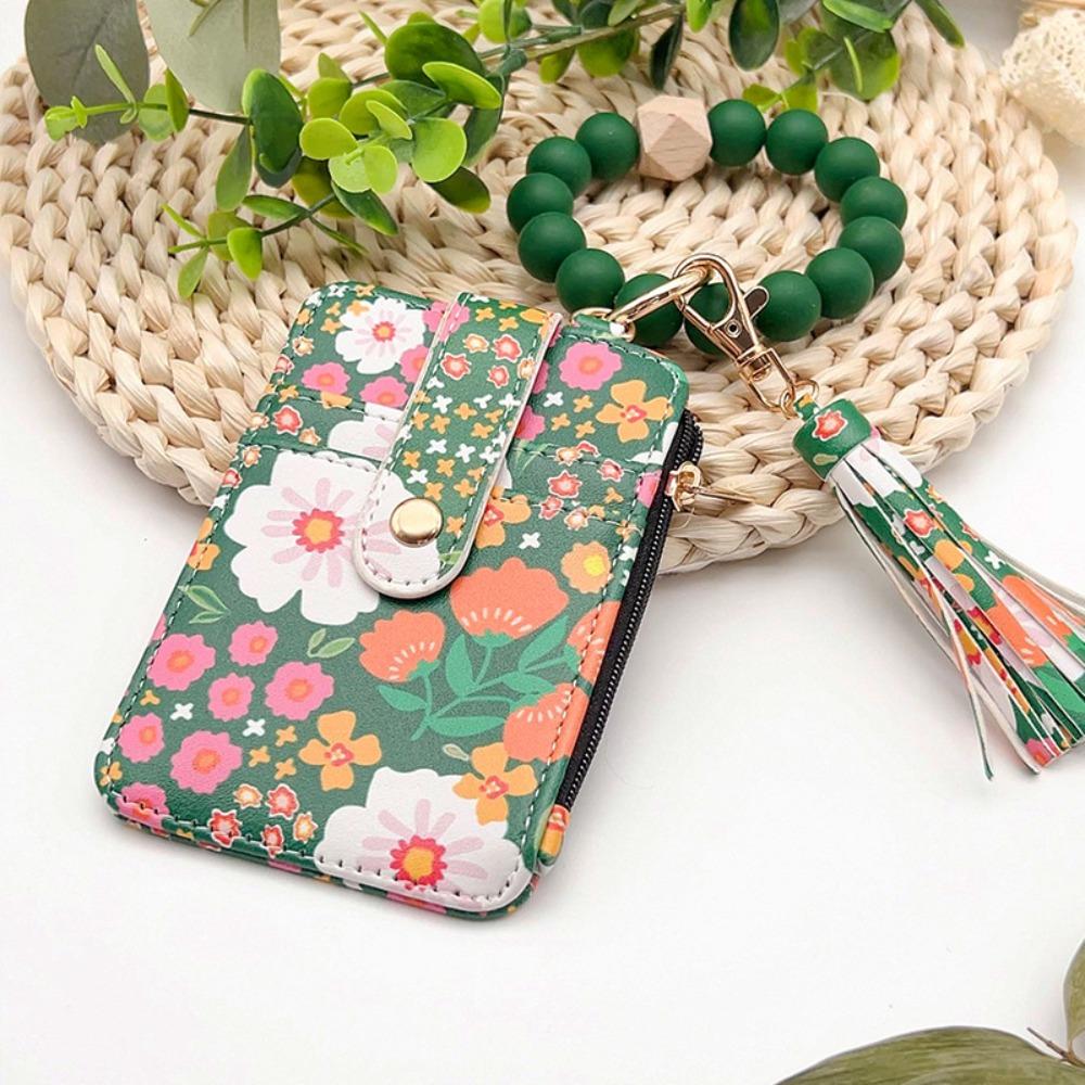 PU Leather Boho Beaded Wallet Keychain Multifunctional Floral Pattern Decorated Wristlet Keychain Wallet Portable