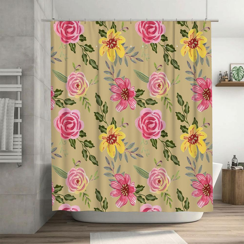 GAEFloral Print Shower Curtain Set Waterproof Bath Decor Fabric for Home Decoration Beige, Pink Yellow Colors #806724319501