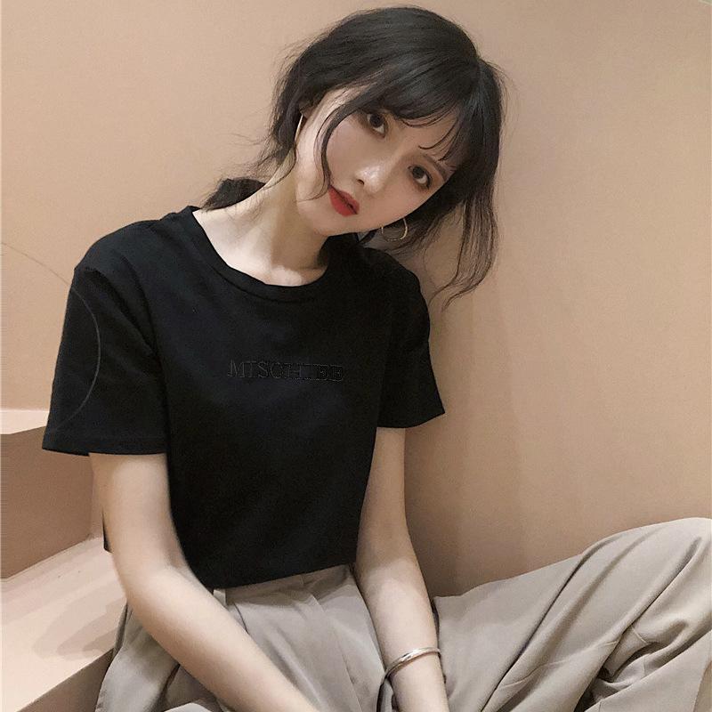 Letter Embroidered Short-sleeved T-shirt for Women In Summer Korean Women's Decorative Women's Round Neck Student Clothes Women's Top