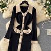 Autumn Winter Women Elegant Color Blocking Single Breasted Knitted Sweater Long Maxi Slim Bodycon Party Dresses