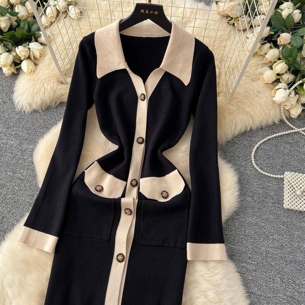 Autumn Winter Women Elegant Color Blocking Single Breasted Knitted Sweater Long Maxi Slim Bodycon Party Dresses