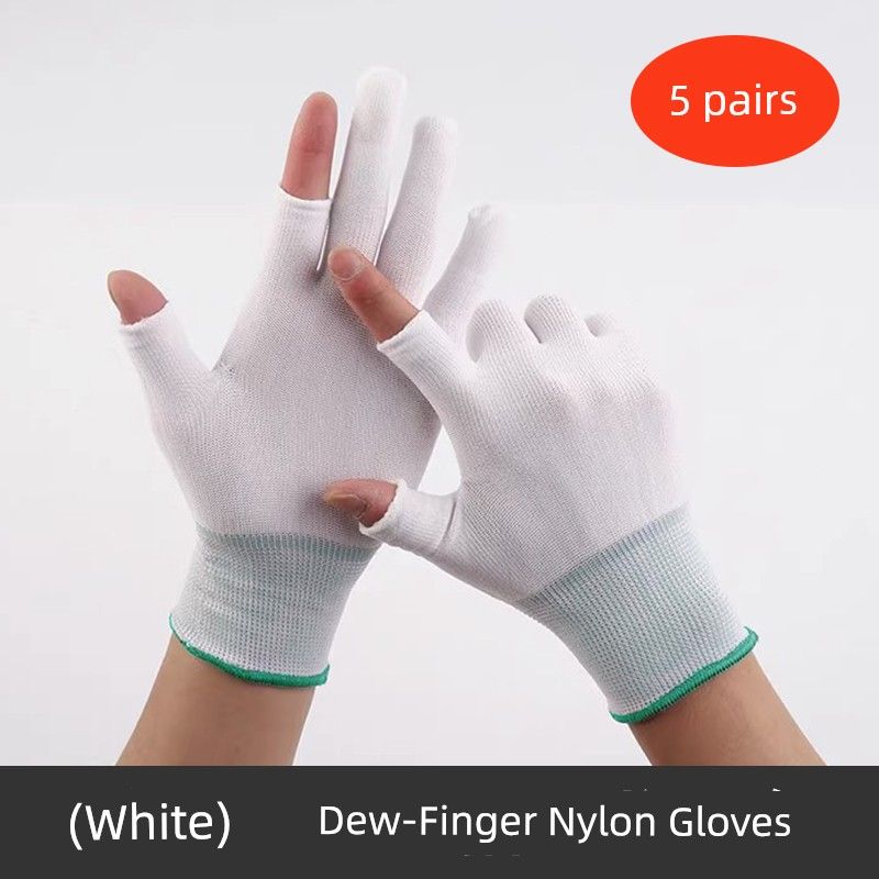 

Белые перчатки с двумя пальцами Мужские и женские Хлопковые Тонкие Летние С открытыми двумя пальцами Нескользящие Износостойкие Защита труда Вождение Работа White nylon Dew two-finger gloves (5 pairs) M