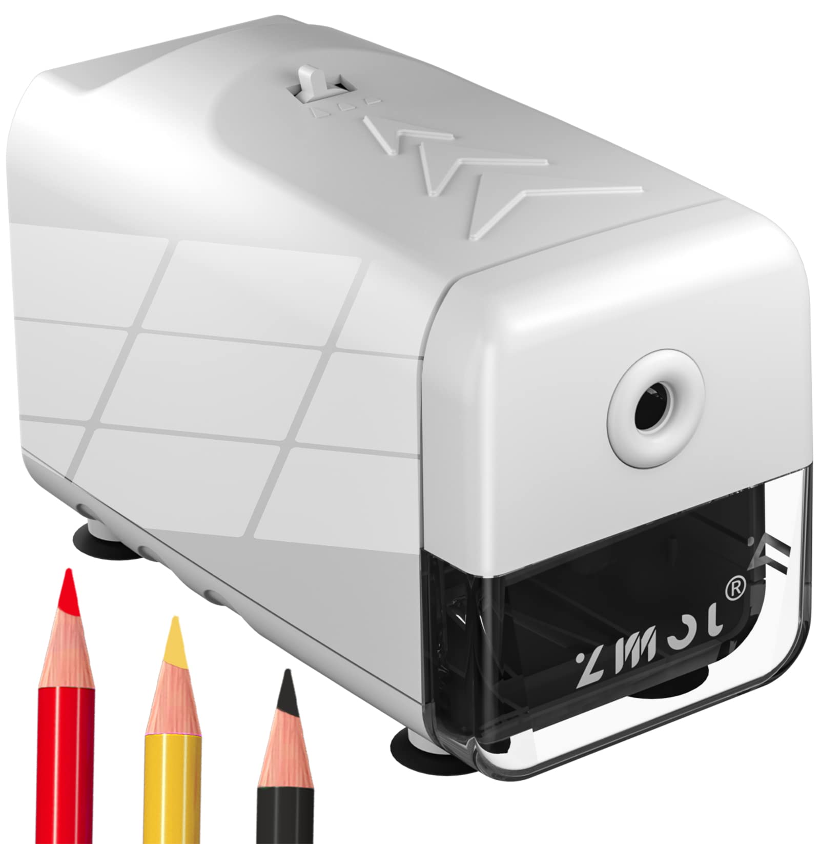 

Electric Pencil Sharpener for Pencils and Colored Pencils with 6.5-8mm Tips. Features adjustable tip thickness, over-sharpening prevention, and broken
