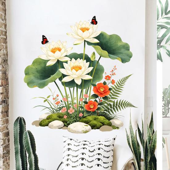 White Lotus Wall Sticker Waterproof Self-Adhesive Flowers Lotus Leaf Wall Decal Peel And Stick
