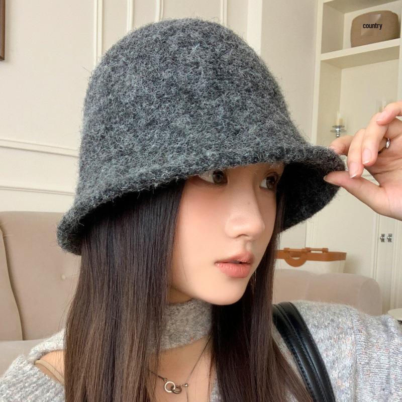 Pălărie tip bucket tricotată pentru femei, stil coreean, amestec de lână - Călduroasă, versatilă, potrivită pentru cap mare, pentru toamnă/iarnă