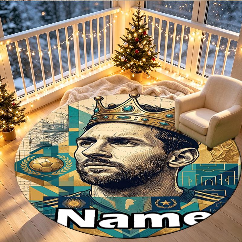 Custom Name Personalized Leo Messi Print Round Rug, Versatile Home Decor Carpet, for Playroom, Apartment, Balcony, Entryway, Hallway Gift