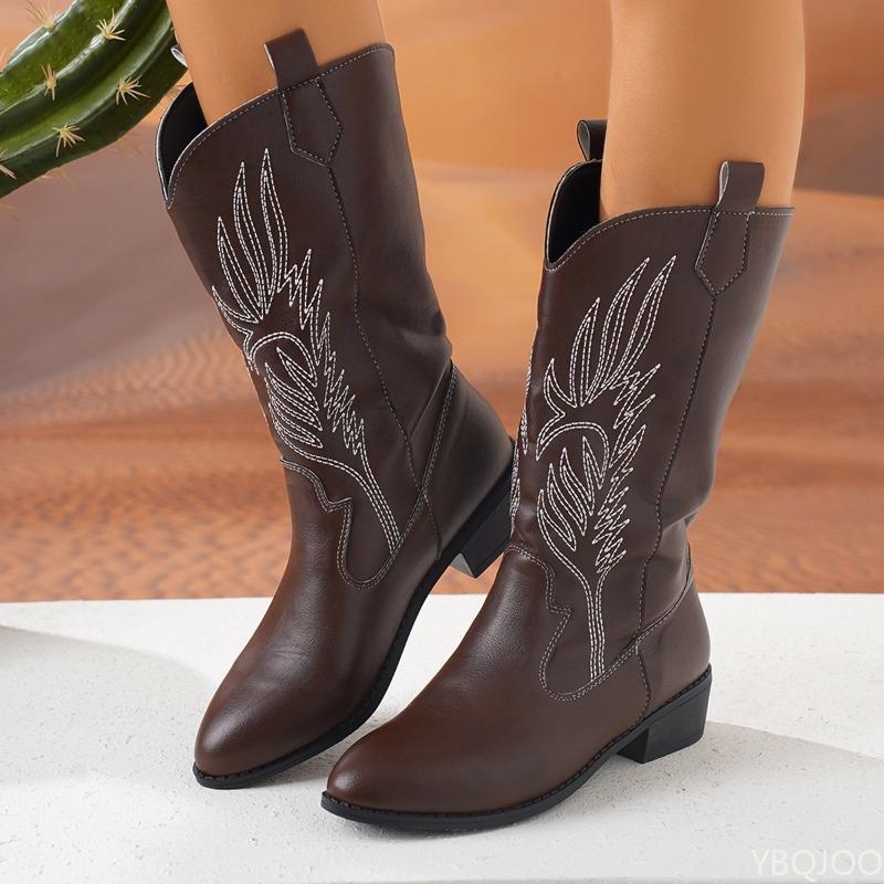 Spring Autumn Fashion New American Retro Embroidered Thick Soled Women'S Boots Embroidered Coarse Heel Long Tube Designer Boots