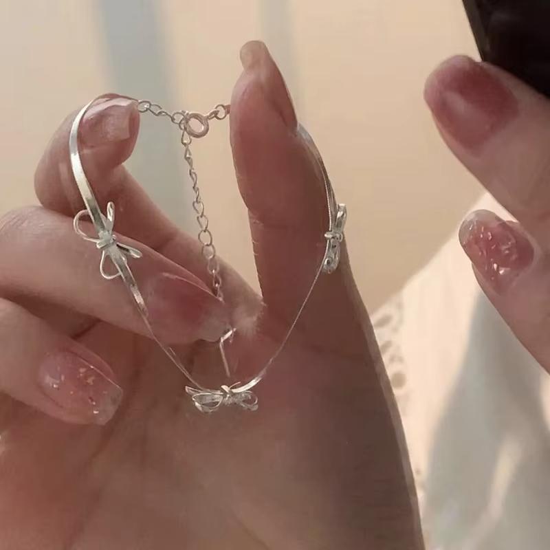 FTCY Simple Sweet Bow Bracelets for Women Girls Sparkling Ribbon Bowknot Snake Chain Bangle Chain Bracelet Party Jewelry Gifts