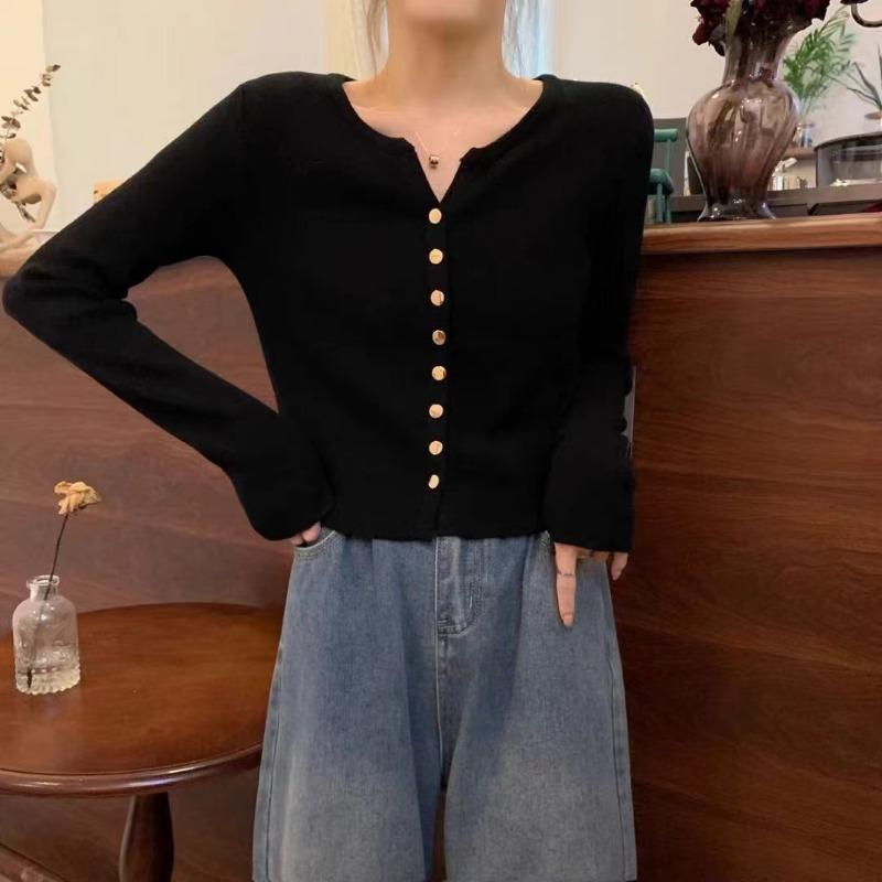 

Приталенный кардиган с длинным рукавом, женский осенний новый однотонный простой и универсальный свитер, базовая рубашка, короткий топ One Size чёрный