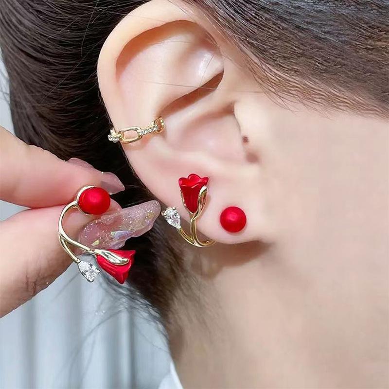 S925 Silver Red Flower Pearl Stud Earrings - Convertible Design