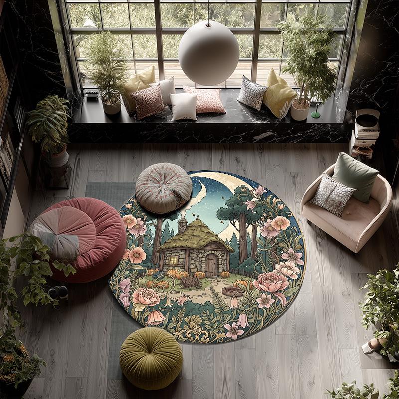 Flower Building,Round Area Rug,Carpet Rug for Living Room Bedroom Sofa Playroom Decor,Non-slip Floor Mat