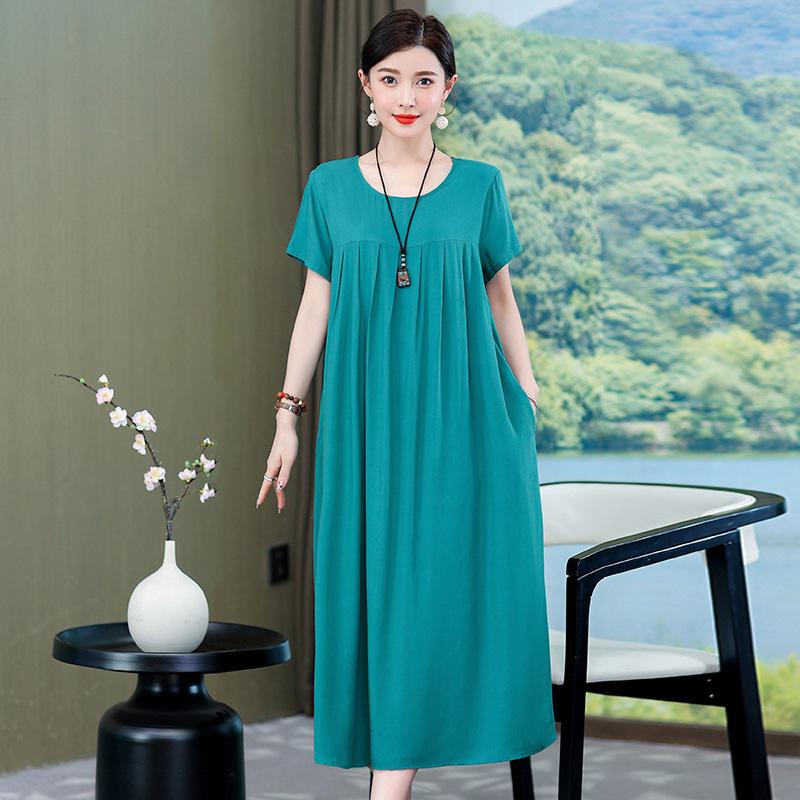 2 Neues hochwertiges florales Baumwoll-Seiden-Kleid für Damen-Sommer-Temperament, Bauchbedeckung für Mütter, große Größe künstliche Baumwolle langer Rock