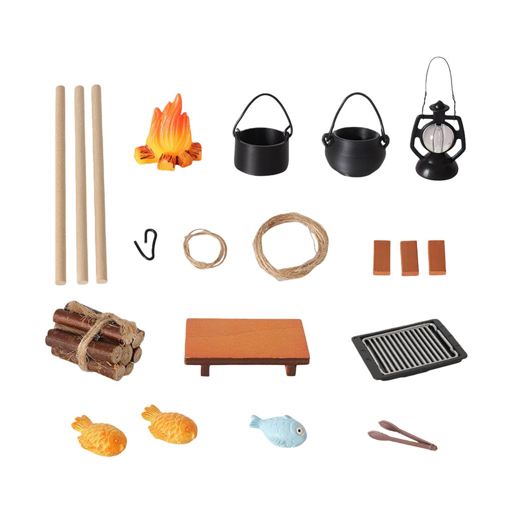 1/12 Camping Accessories With Cooking Utensil and Campfire Realistic Flame Effect For Miniature Scene Display Setting