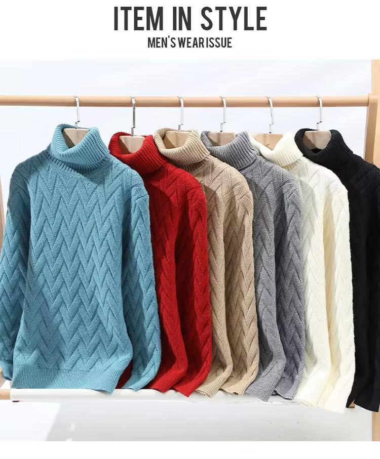 2024 Men's High Neck Diamond Pattern Knit Sweater - Winter Thickened Solid Color Pullover