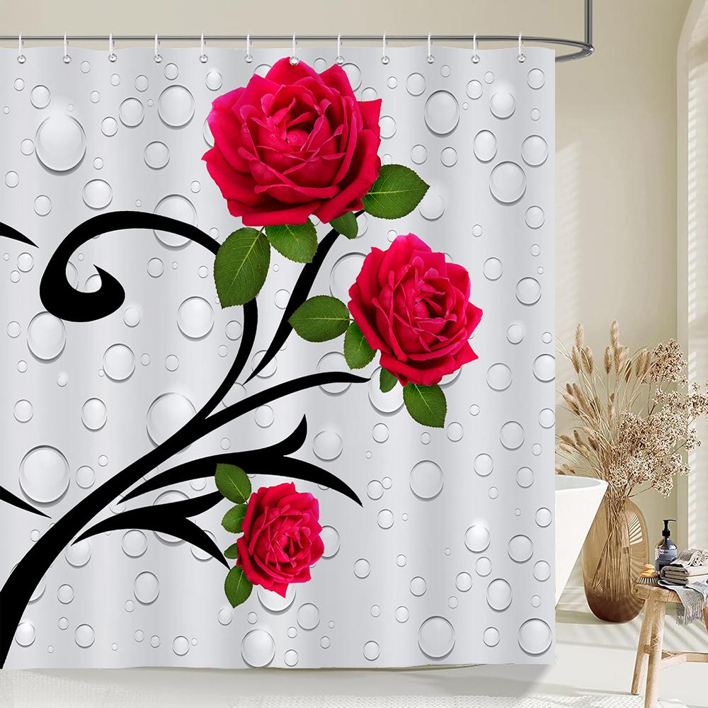 Blue Rose Plant with Floral Bathroom Decoration Shower Curtain 180*180CM with Hooks