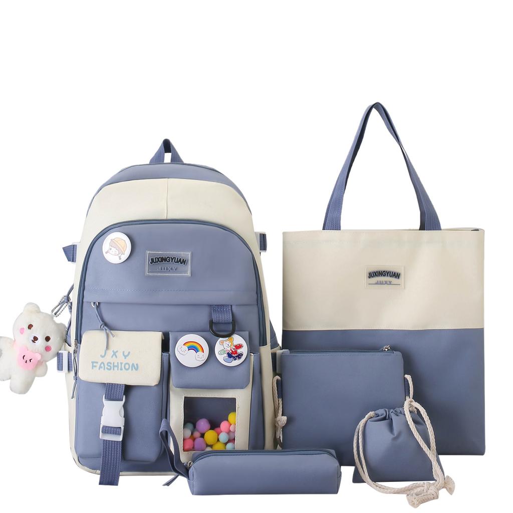 Backpack New Fashion Casual Foreign Style Simple Large Capacity Double Pocket Backpack Korean Version Small Fresh Five-piece Backpack