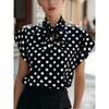 European and American Retro French Polka Dot Bow Strap Short-sleeved Shirt Women's Lace-up Collar Temperament Commuter Versatile Top
