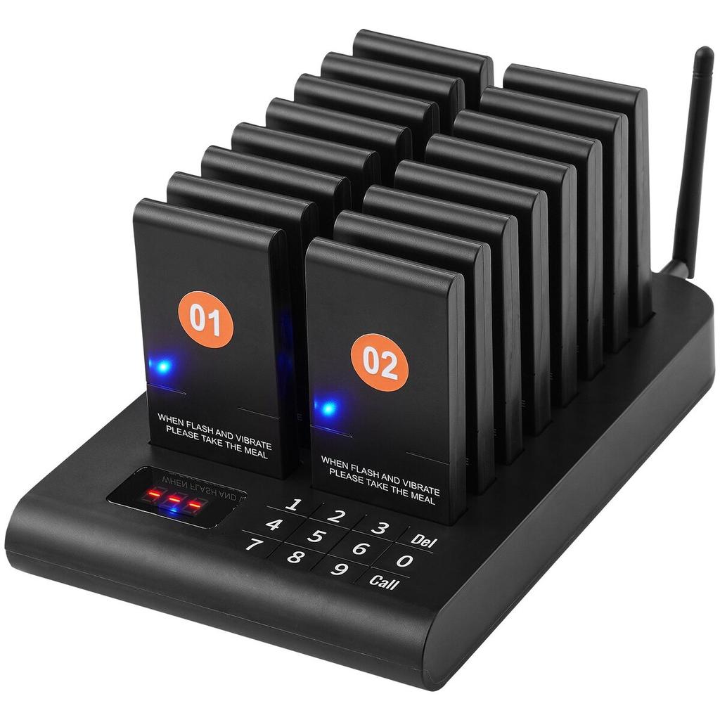 Restaurant-Pager-System, Kabellos 500m Reichweite Aufstell-Warteschlangen-Signal, Gäste-Kunden-Ruf-Piepser mit Vibration & Blinken, 16 Piepser