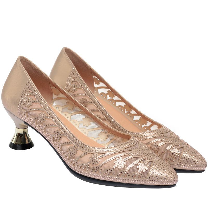 5cm All Match Comfortable Breathable Rhinestone Mesh Leather Shoes Women Pumps 2025 Spring Summer Med Kitten Heels Shoes Office