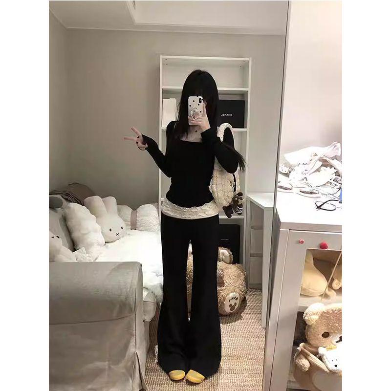 Spring/Summer 2025 Women's Pleated Lace Micro-Flare Ballet Pants - Floor-Length Trousers