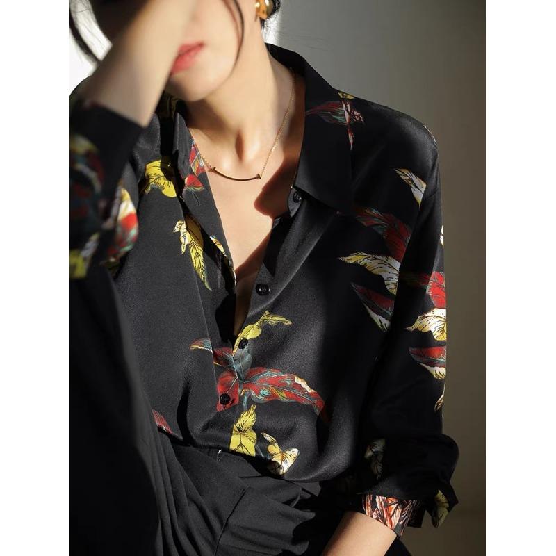 

Шелковая рубашка с принтом в стиле ретро, женская, весна-лето 2025 года, с длинными рукавами, свободная, высококачественная шелковая рубашка из шелка тутового дерева, темпераментный топ XL