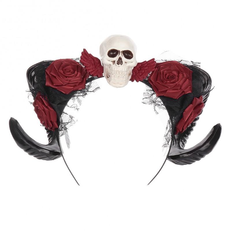 Gothic Halloween Headband With Horns Skull Devil Red Rose Hair Accessory Costume Party Unisex
