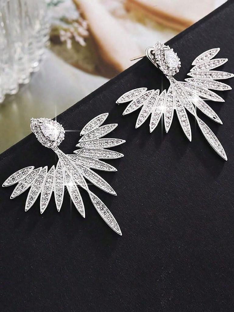 1Pair Fan-Shaped Zircon Earrings, 2-Way Wear Crystal Drop Earrings for Women, Wedding Party Jewelry