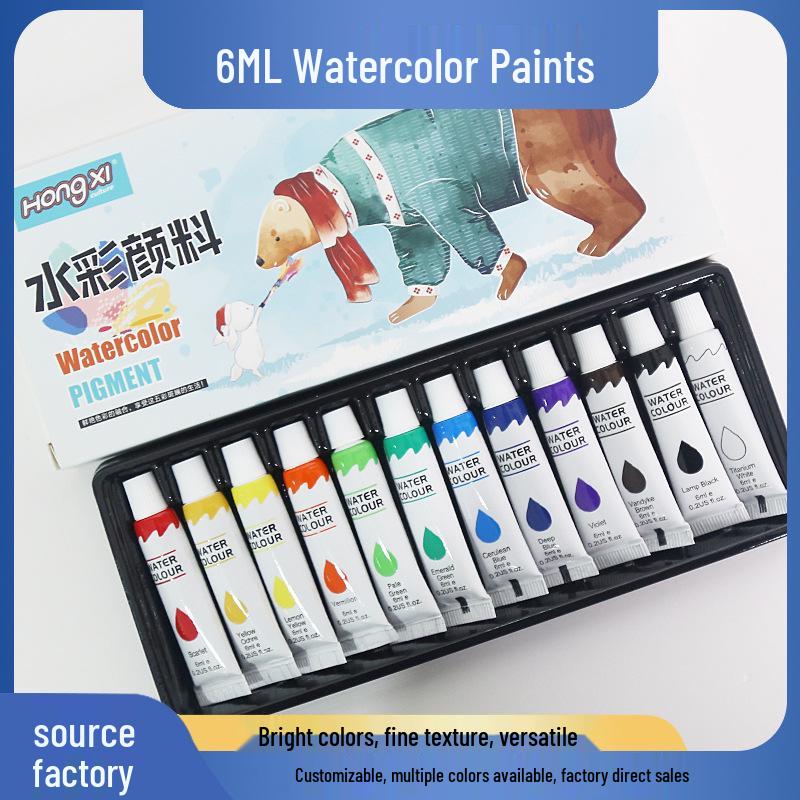 Wasbare Waterverf Set voor Kinderen - 6 ml, 12/18/24 Kleuren, Logo op Maat Beschikbaar