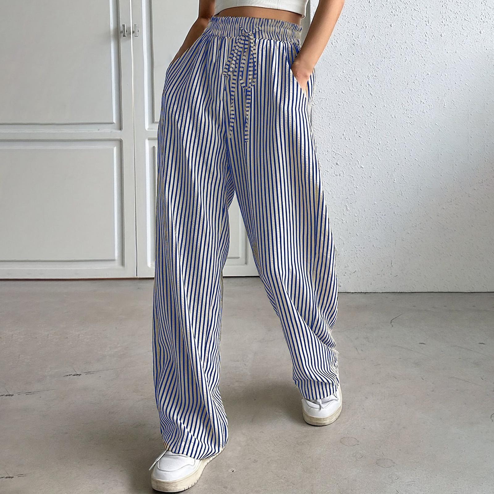 

Womens pants high waist wide leg striped pants for women casual loose fit drawstring waistband trousers for daily wear L синий