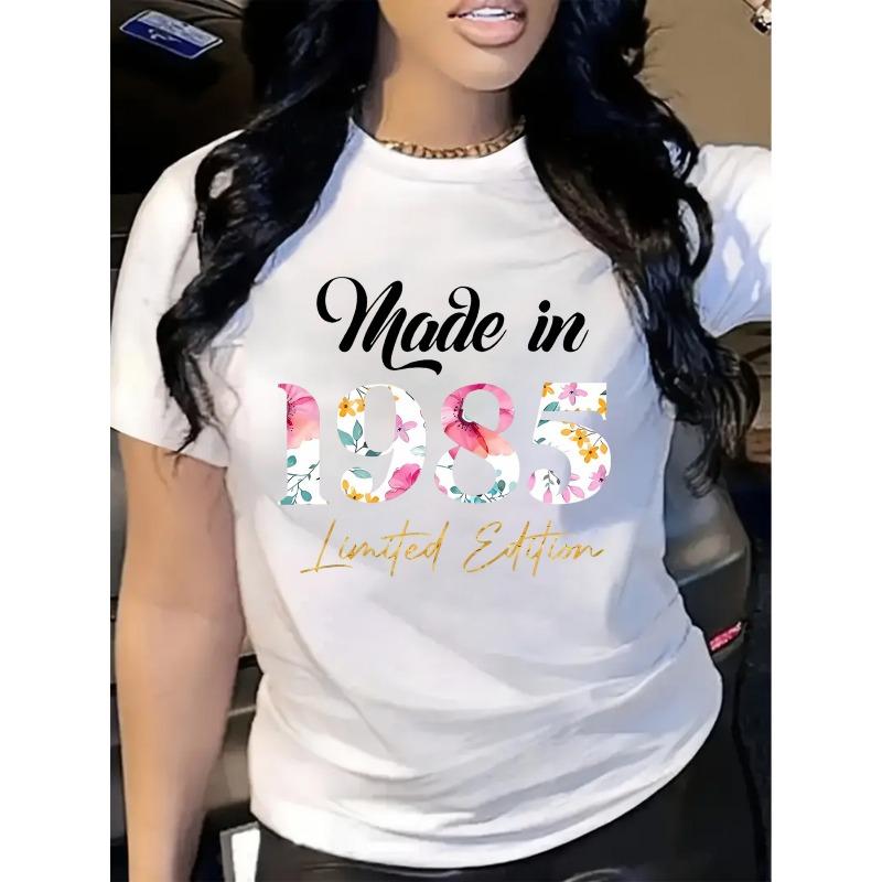 

European Size Women S 1985 Floral Print T-Shirt - Casual Short Sleeve, Round Neck, White with Colorful Flowers & Butterflies, Birthday Tshirt S белый