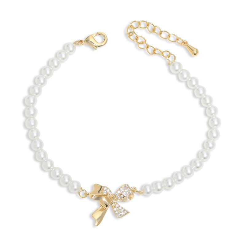 BLINGBY Brățară de damă Toamnă și Iarnă Nouă Bijuterii de mână Elegante din zircon Brățară cu fundă Bijuterii de mână de perle ușoare de lux Cadou de bijuterii pentru fete