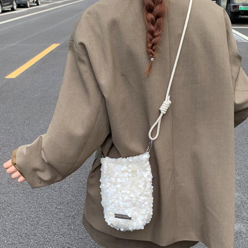 Fashionable Sequin-Textured Women'S Handbags Mini Phone Crossbody Bag Minimalist Adjustable Strap Shiny Small Shoulder Bag