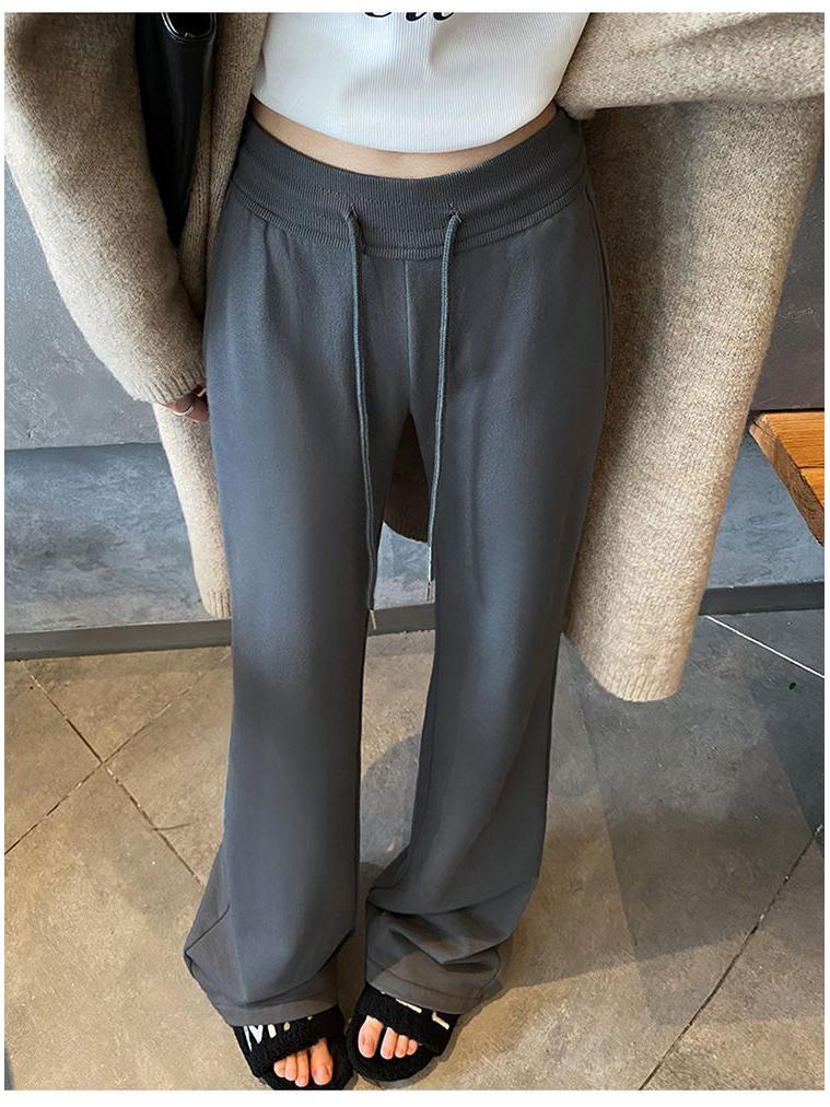 Women's Gray Low-Waist Flare Pants - 2025 Spring Drawstring Casual Slimming Straight Leg Trousers
