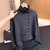 Korean Semi-turtleneck Striped Knitted Sweater Women's Clothing Autumn and Winter New Fat Mm Thin Meat-covered Inner Top