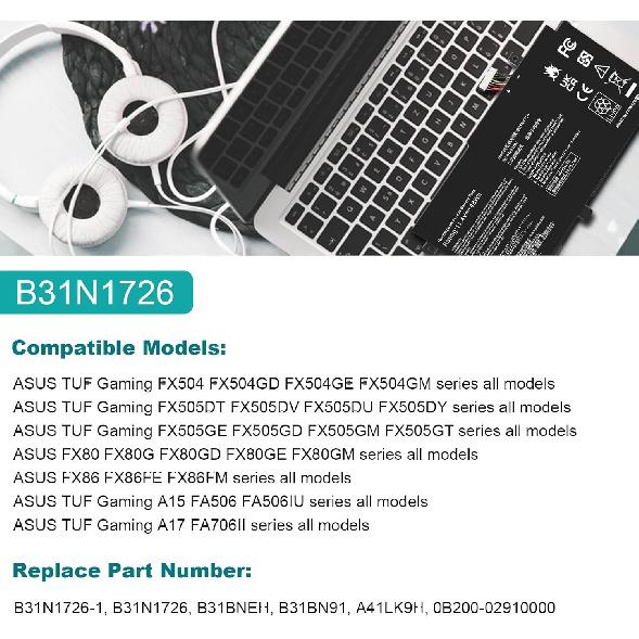 B31N1726 Laptop Battery for Asus FX80 FX80G FX80GD FX80GE FX80GM FX86 FX86FE FX86FM TUF FX504 FX504GE FX504GM FX505 FX505DT FX505DY FX505GE FX505GD