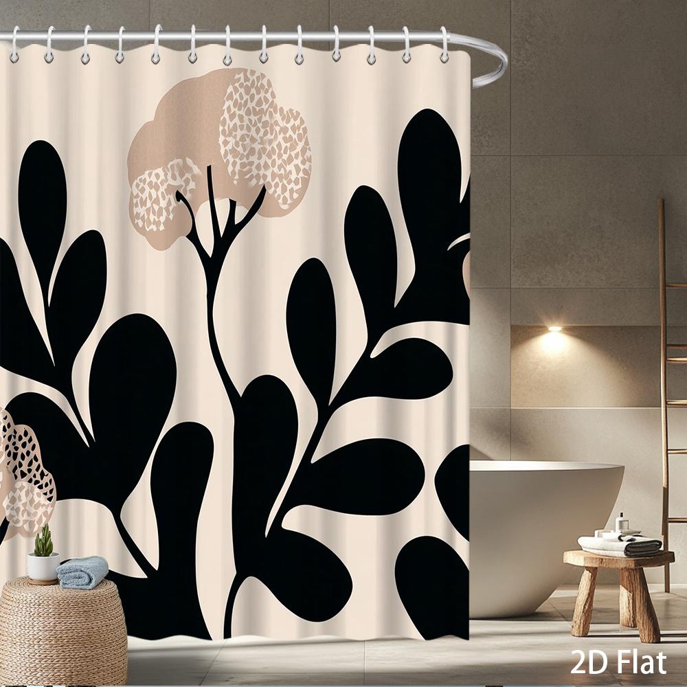 

Abstract Botanical Shower Curtain – Bold Black Leaves & Textured Beige Bloom On Cream, Modern Scandinavian Design, Waterproof W60H190(CM)-1 Pcs