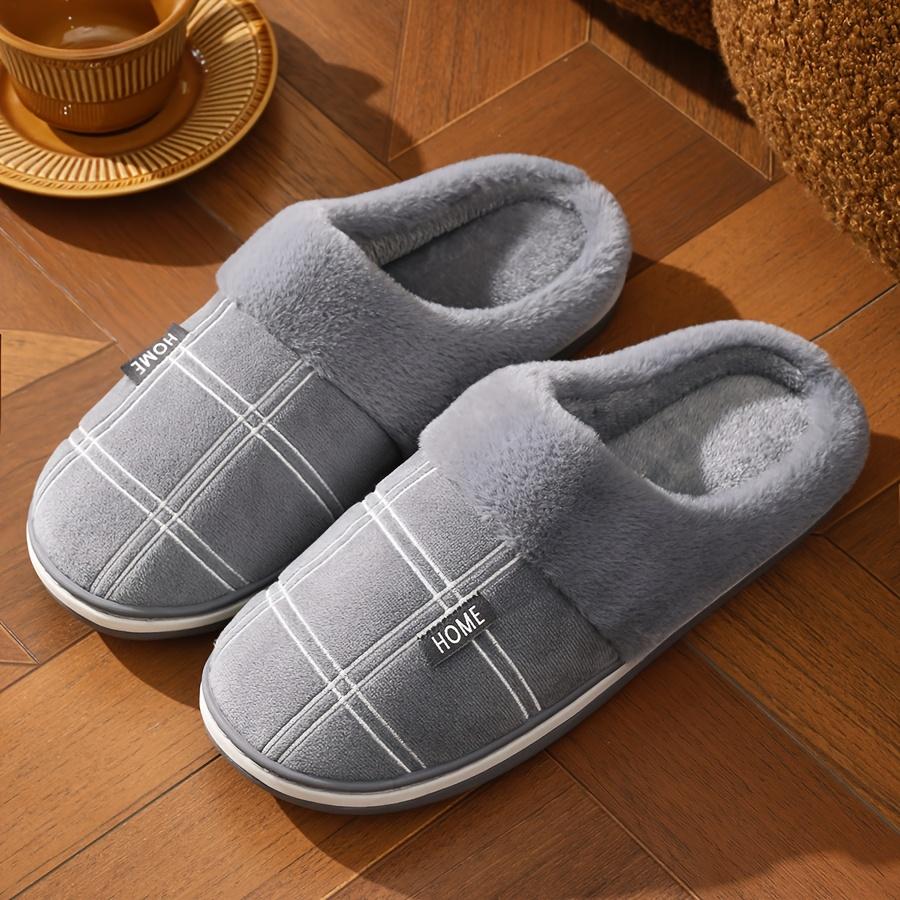 [Winter Slippers] Cozy Plush Winter Slippers for Men | Soft Fleece Lined, Memory Foam Support, Non-Slip TPR Sole, Round Toe, Gray Checkered Pattern