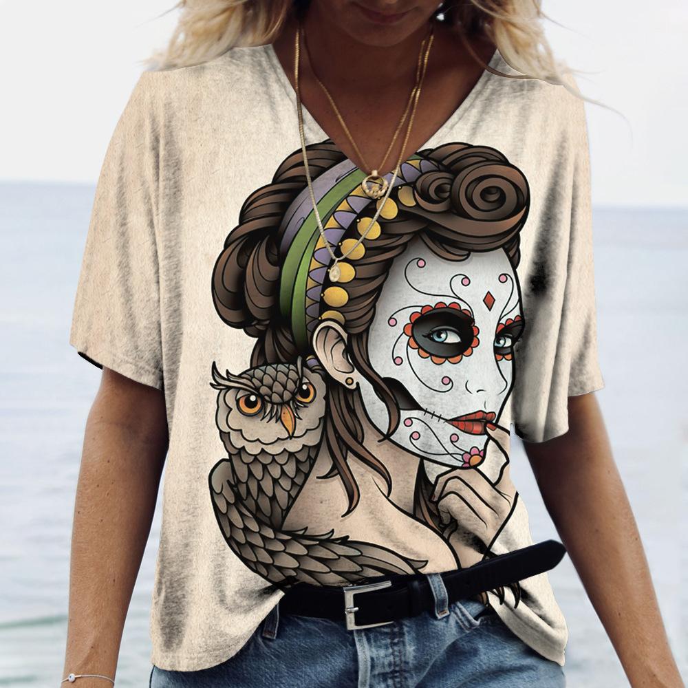 Summer V-neck 3D Funny Face Printed Top Fashionable Casual Short Sleeved Women's T-shirts