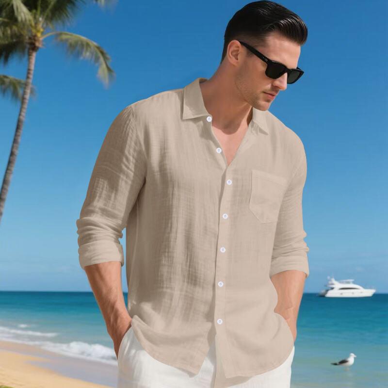 New Spring and Autumn Loose American Linen Breathable Casual Men's Lapel Long-sleeved Shirt