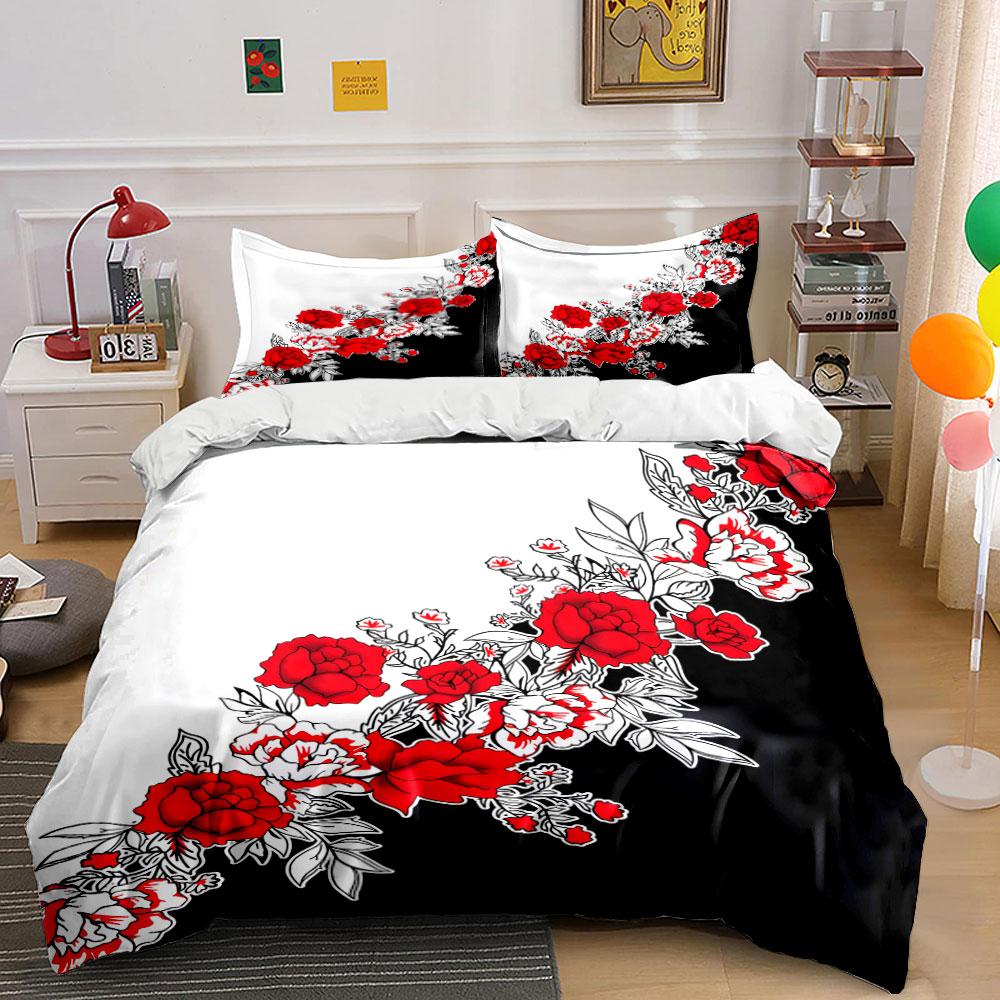 Red flowers with black-and-white background Bedding Set for Kids Luxury Gift 3pcs Digital Print Comforter Set Soft Comfortable 135x200cm