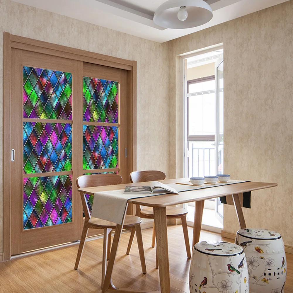Colorful Stained Glass Window Film Retro Flowers Pattern Non-adhesive Window Decals Static Clings Non-Adhesive Window Stickers